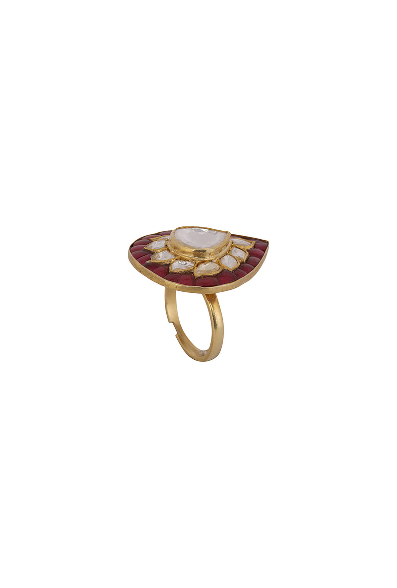 Gold Plated Silver Pear Shape Ring With Polki & Red Utarai