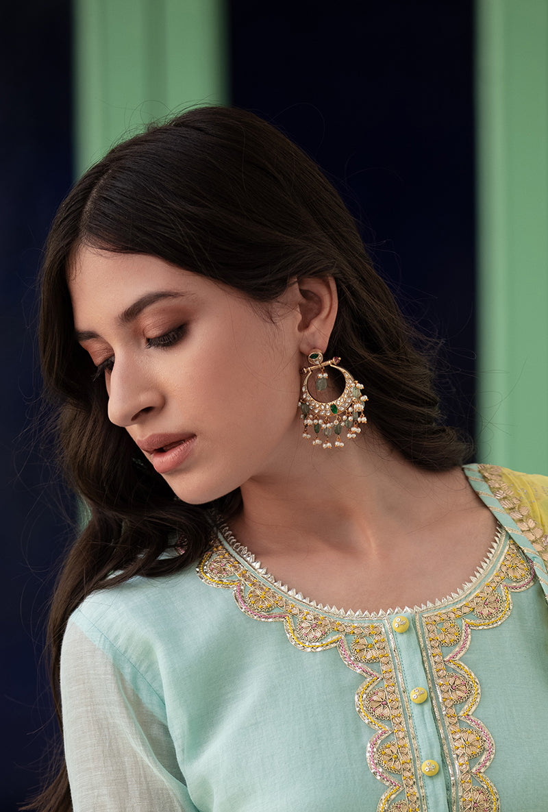 Gold Plated Silver Polki & Light Green Stone  Chandbali With Pearl Drops