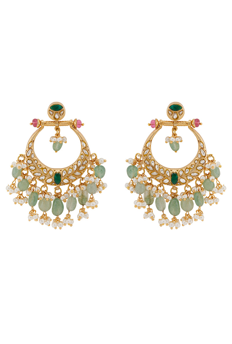 Gold Plated Silver Polki & Light Green Stone  Chandbali With Pearl Drops