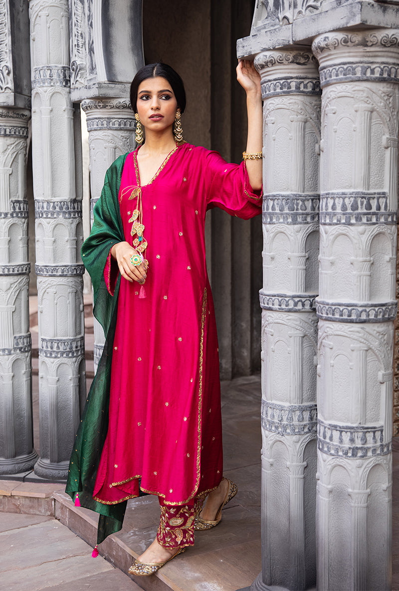 Rani Pink Mughal Jaal Heavy Palazzo Ulfat Kurta Set