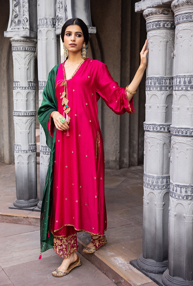 Rani Pink Mughal Jaal Heavy Palazzo Ulfat Kurta Set