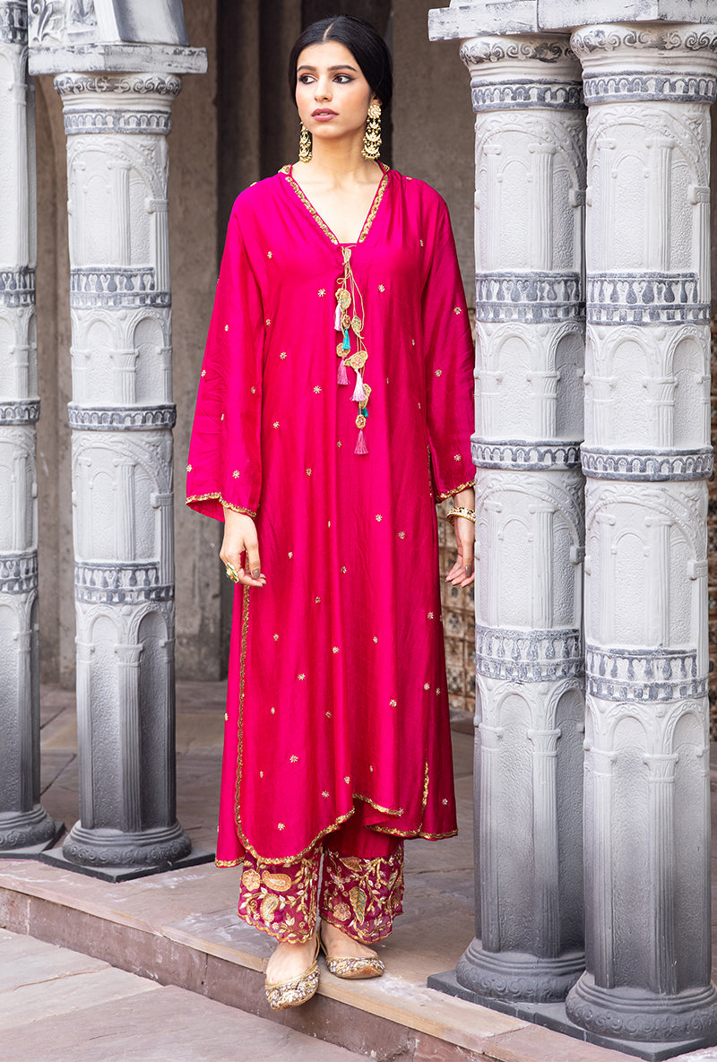 Rani Pink Mughal Jaal Heavy Palazzo Ulfat Kurta Set