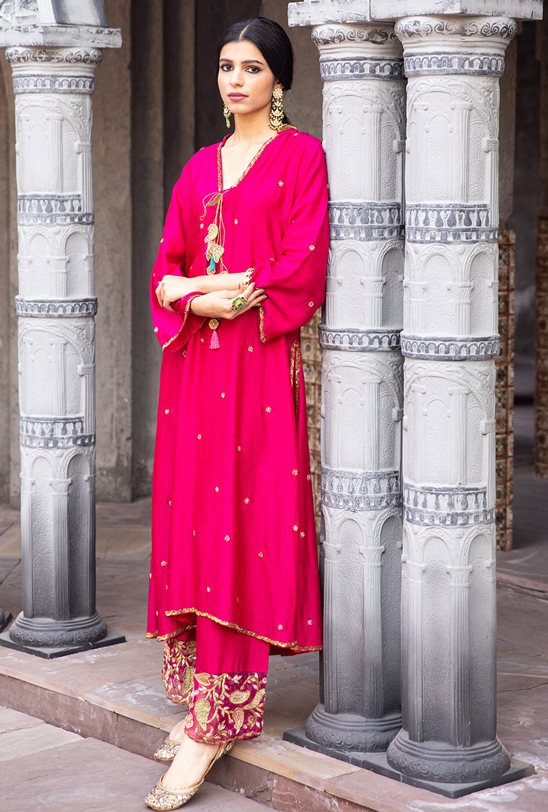Rani Pink Mughal Jaal Heavy Palazzo Ulfat Kurta Set