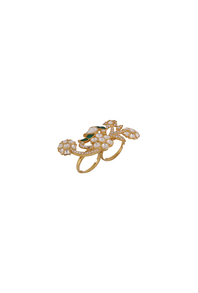 Gold Plated Silver Nature Inspired Bird & Floral Motif Polki & Green Utarai Ring