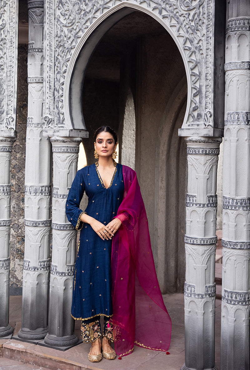 Navy Mughal Jaal Heavy Palazzo Ulfat Kurta Set
