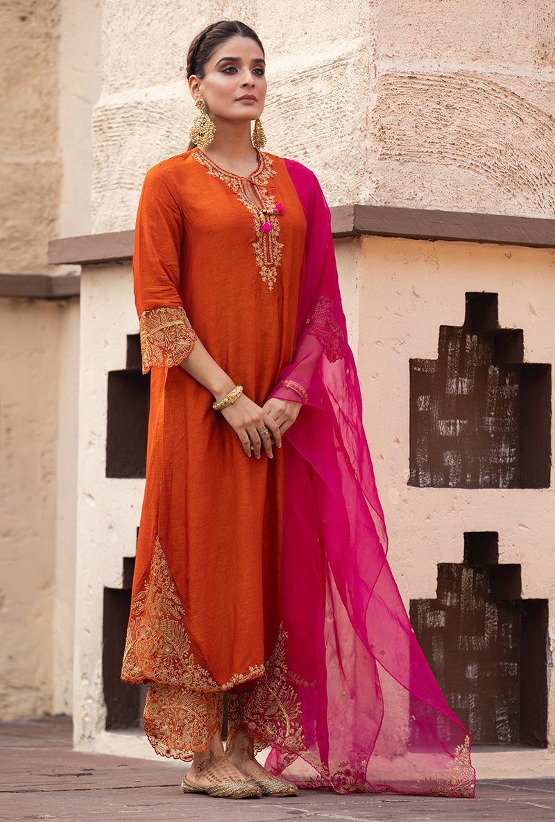 Orange Leaf Jaal Farshi Ulfat Kurta Set