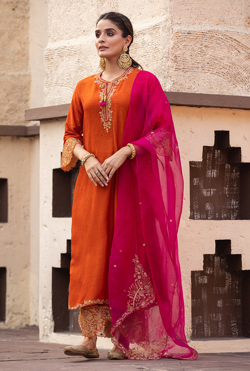 Orange Leaf Jaal Farshi Ulfat Kurta Set