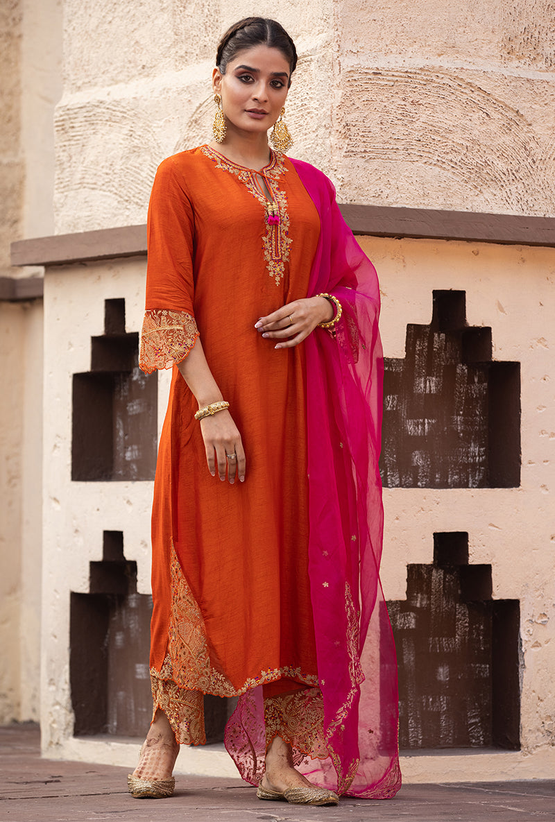 Orange Leaf Jaal Farshi Ulfat Kurta Set