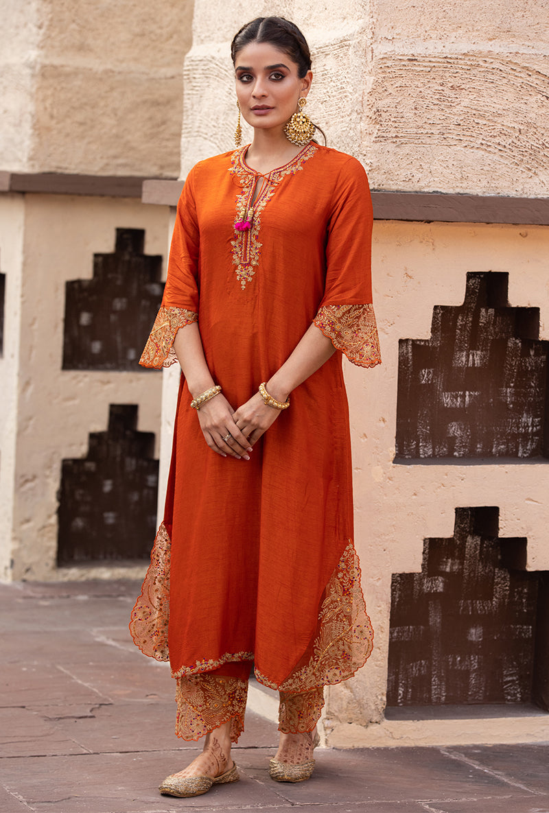 Orange Leaf Jaal Farshi Ulfat Kurta Set