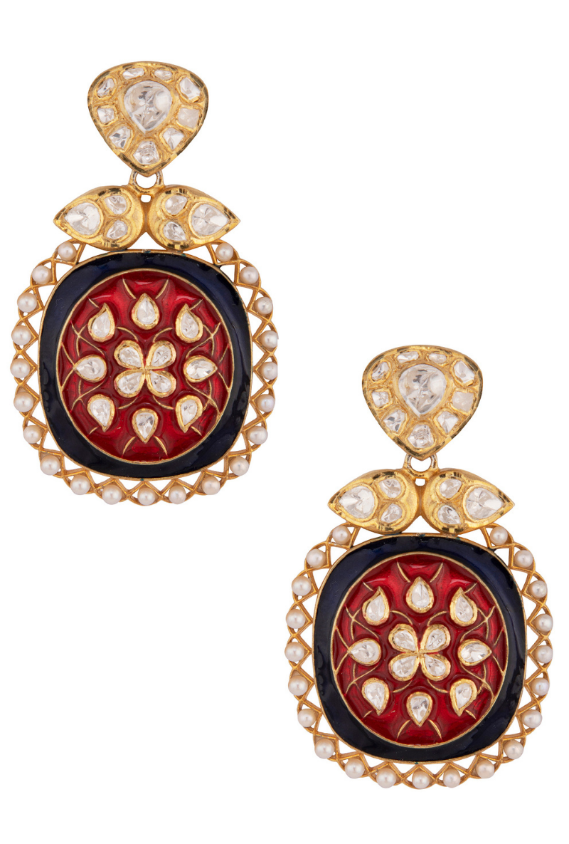 Gold Plated Polki Silver Earrings With Red & Blue Enameling
