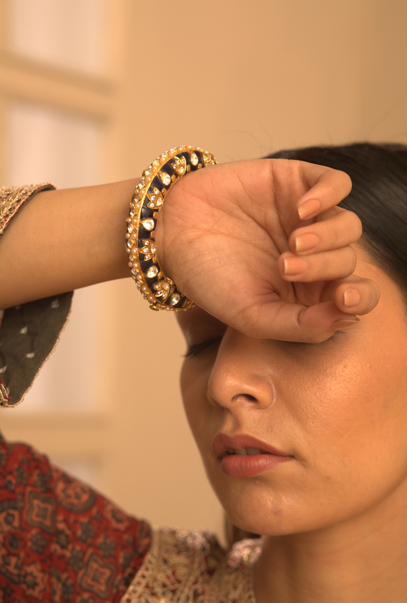 Gold Plated Silver Polki Openable Kada With Blue Stones & Pearls