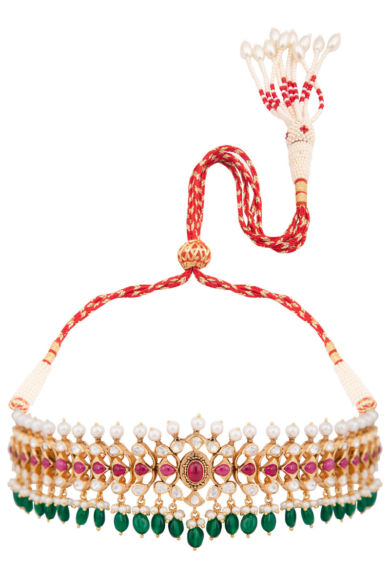 Gold Plated Silver Polki Choker With Red Stones & Green Drops