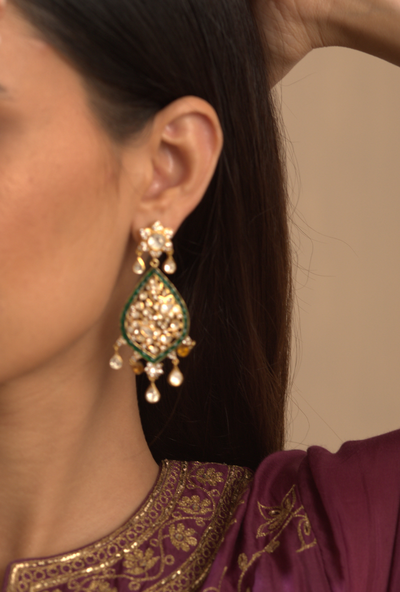 Polki & Green Stone Gold Plated Silver Earrings