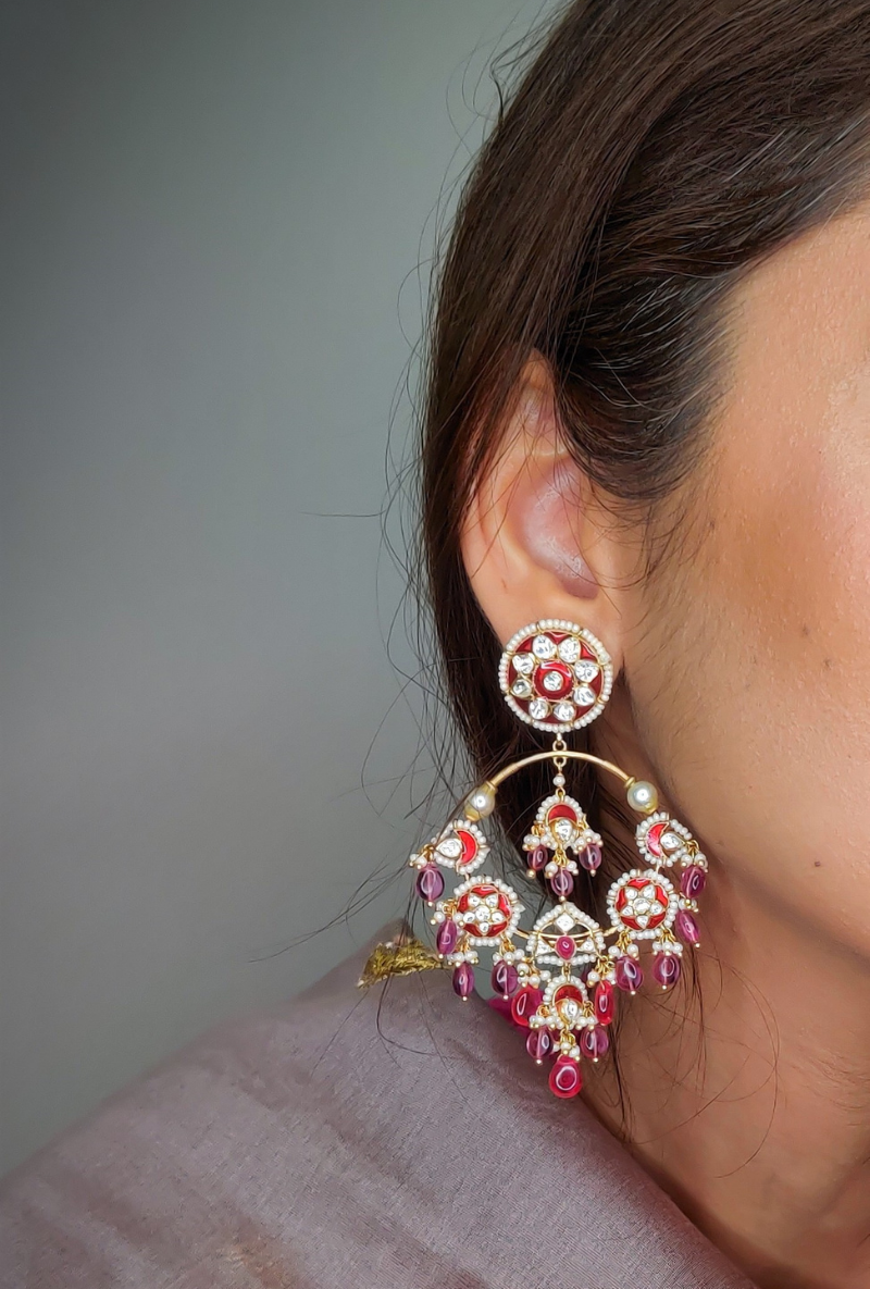 Gold Plated Silver Tourmaline & Ruby Bead Chandbali With Red Enamel