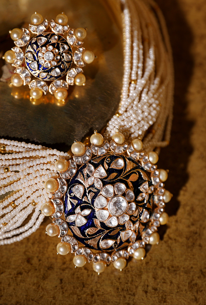 Gold Plated Silver Polki Pendant Necklace And Ear Studs With Blue Enamel & Pearls