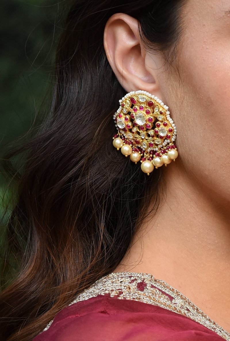 Gold Plated Silver Polki & Red Stone Earrings With Fresh Water Pearl Drops