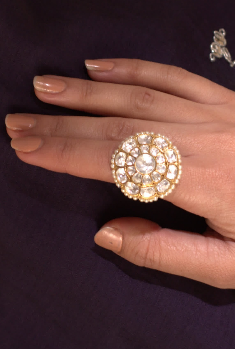 All White Polki Gold Plated Silver Ring With Pearls