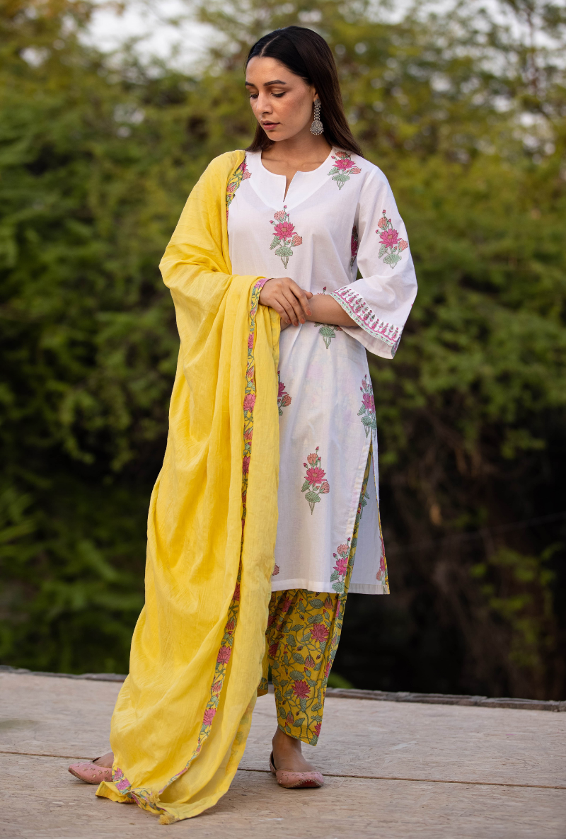 Ivory/Yellow Pankhuri Salwar Kurta Set