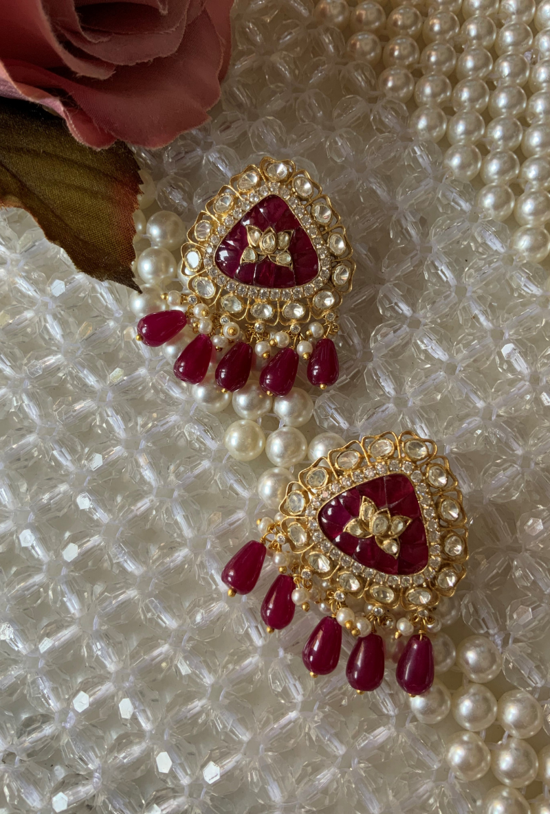 Gold Plated Silver Triangular Earrings With Polki & Ruby Drops