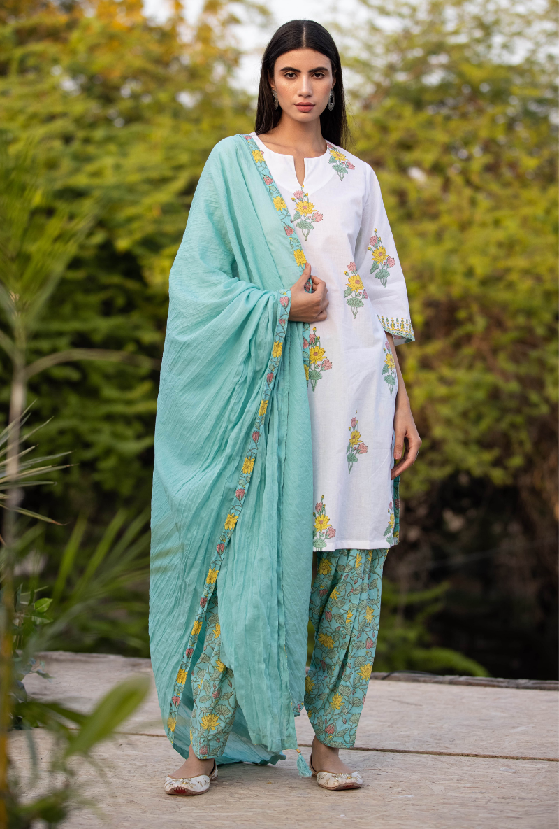 Ivory/Aqua Pankhuri Salwar Kurta Set