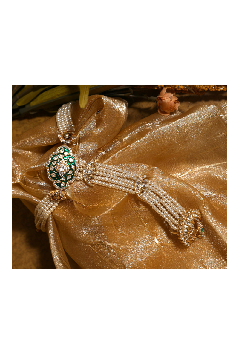 Gold Plated Silver Polki Hathphool With Green Enamel & Pearls