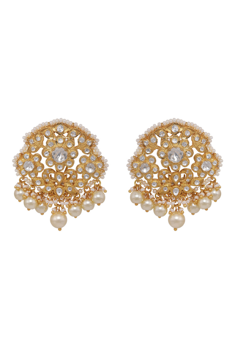 Gold Plated Silver All Polki Ear Studs With Fresh Water Pearl Drops