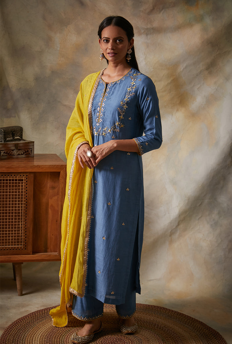 Blue Leaf Yoke Mahi Kurta Set