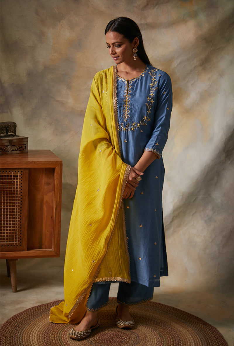 Blue Leaf Yoke Mahi Kurta Set