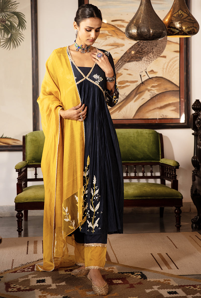 Blue and Yellow Yoke Kurta Set