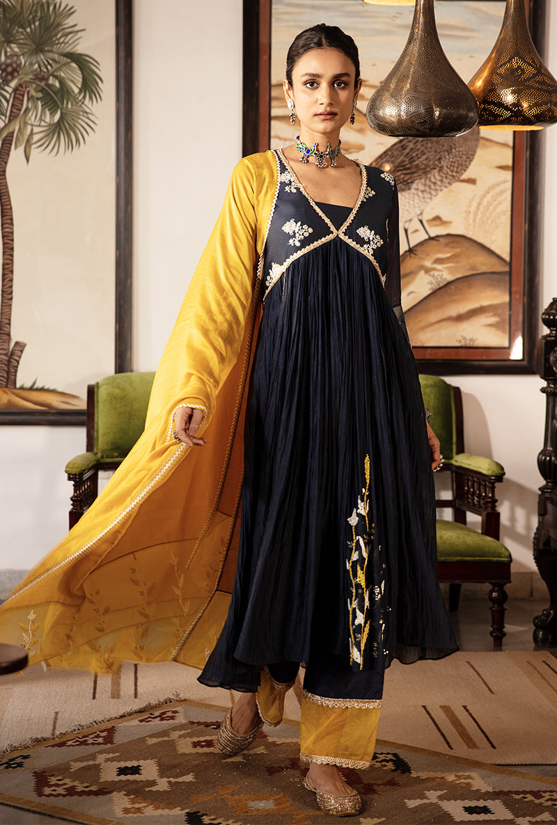 Blue and Yellow Yoke Kurta Set