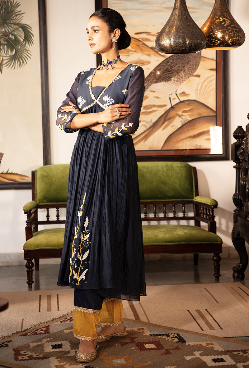 Blue and Yellow Yoke Kurta Set