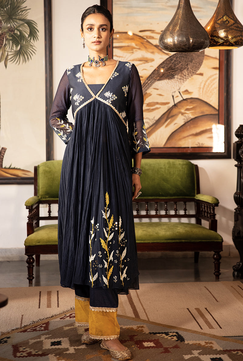 Blue and Yellow Yoke Kurta Set