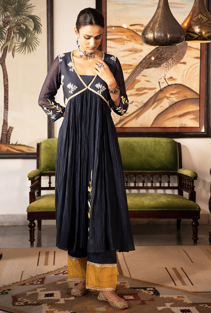 Blue and Yellow Yoke Kurta Set