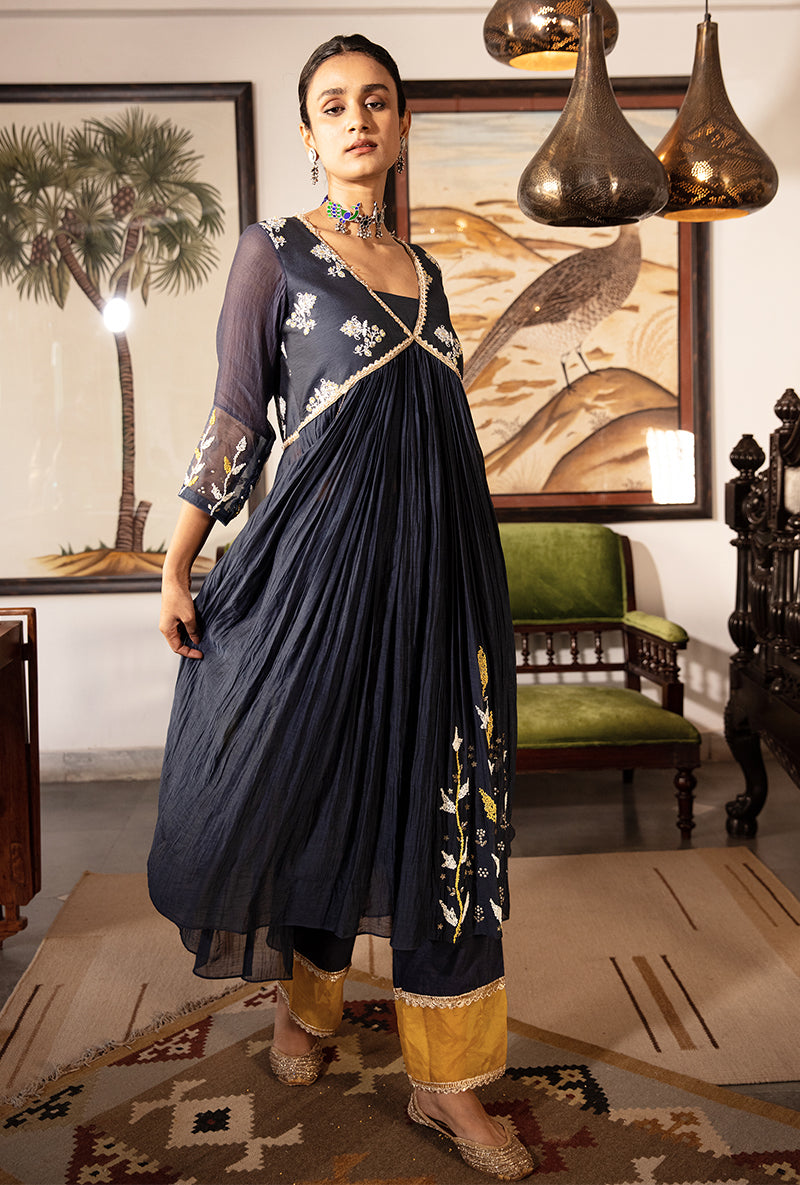 Blue and Yellow Yoke Kurta Set