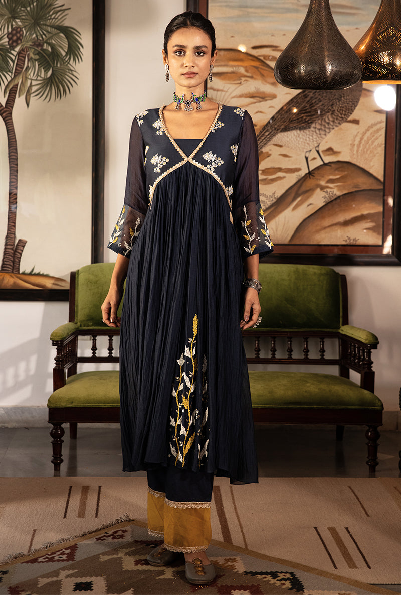 Blue and Yellow Yoke Kurta Set