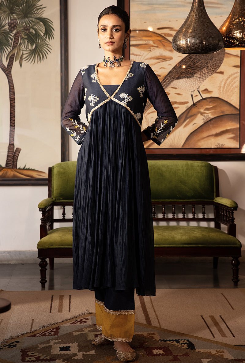 Blue and Yellow Yoke Kurta Set