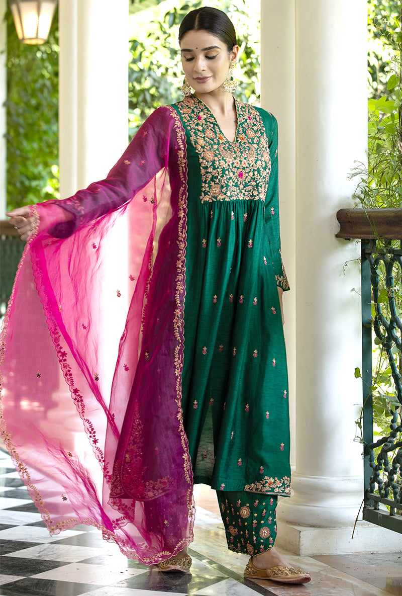Green Kairi Buta Front Pleat Zeenat Kurta Set