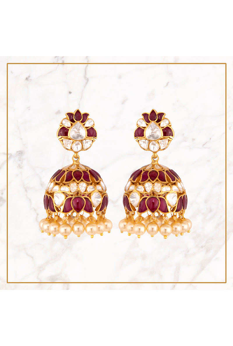 Polki With Red Stone Gold Plated Silver Jhumki