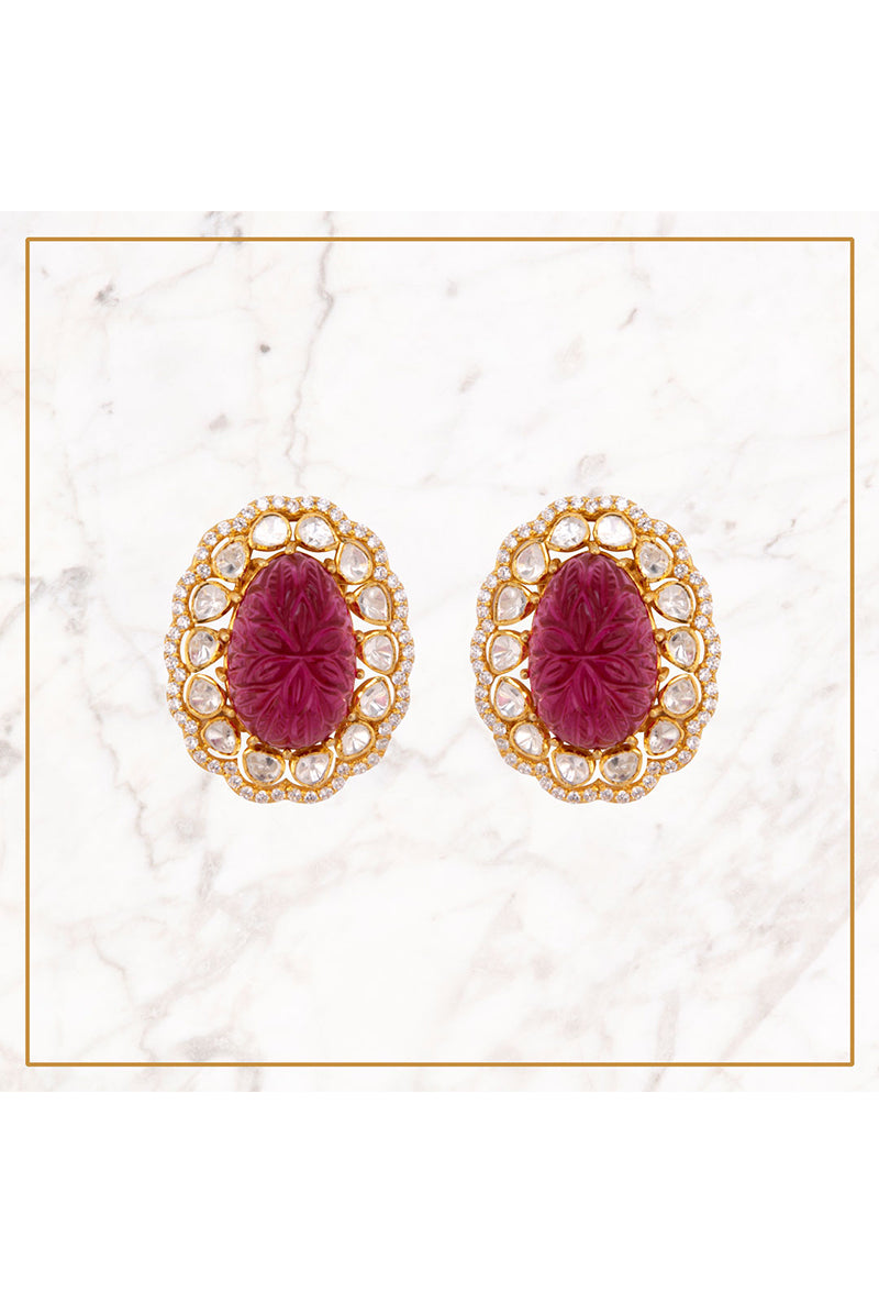 Gold Plated Silver Earring With Red Carved Oval Stone And Polki