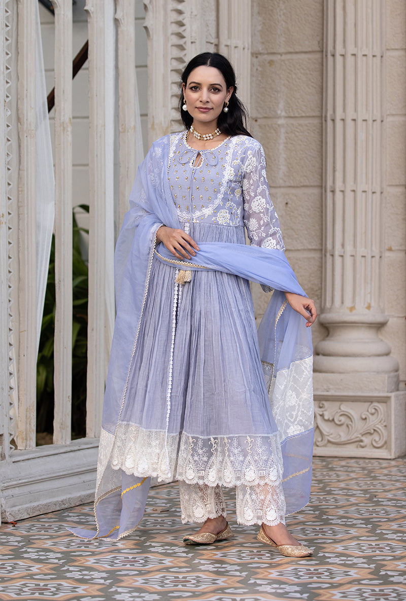 Lavender Thread And Pearl Yoke Kurta Set