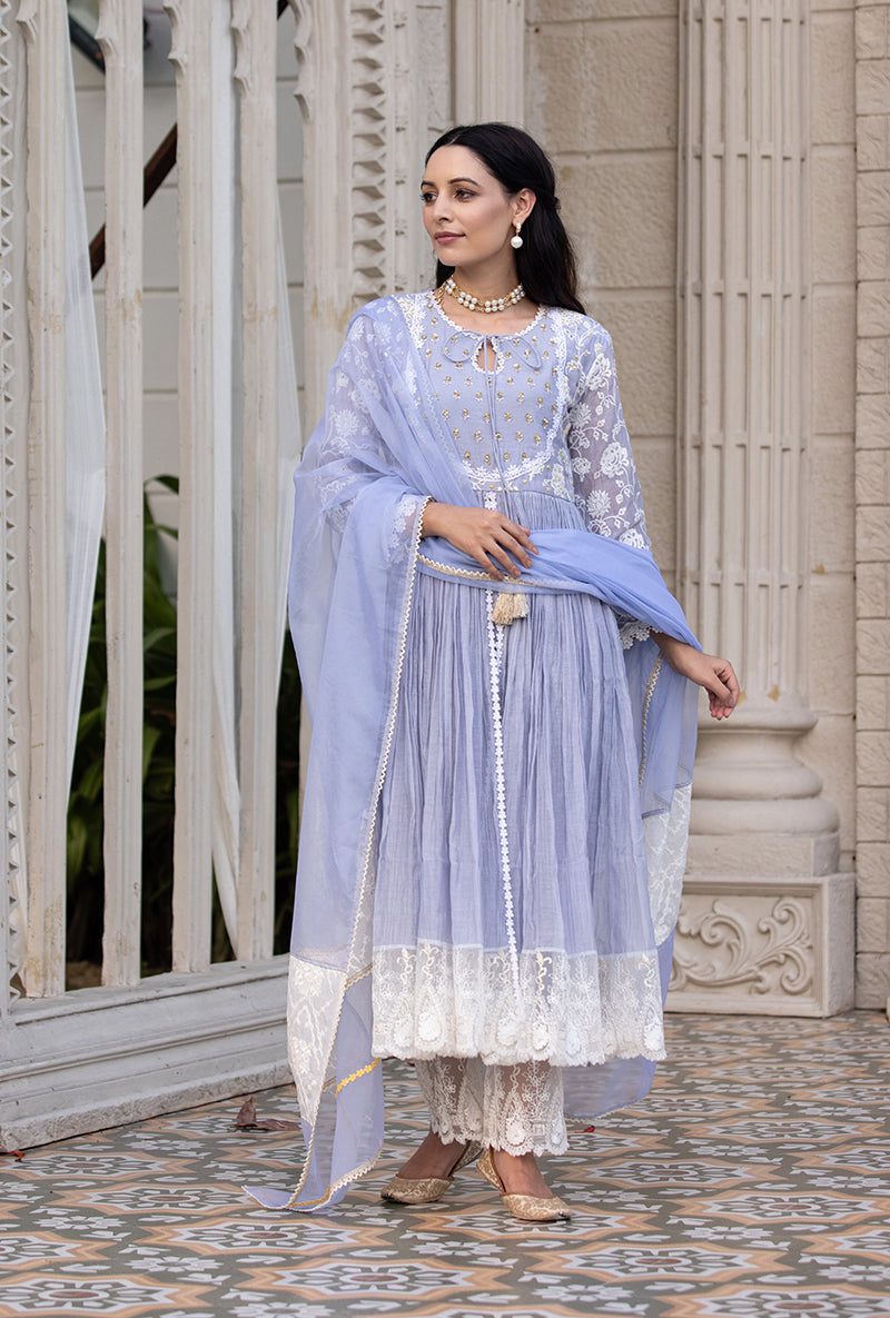 Lavender Thread And Pearl Yoke Kurta Set