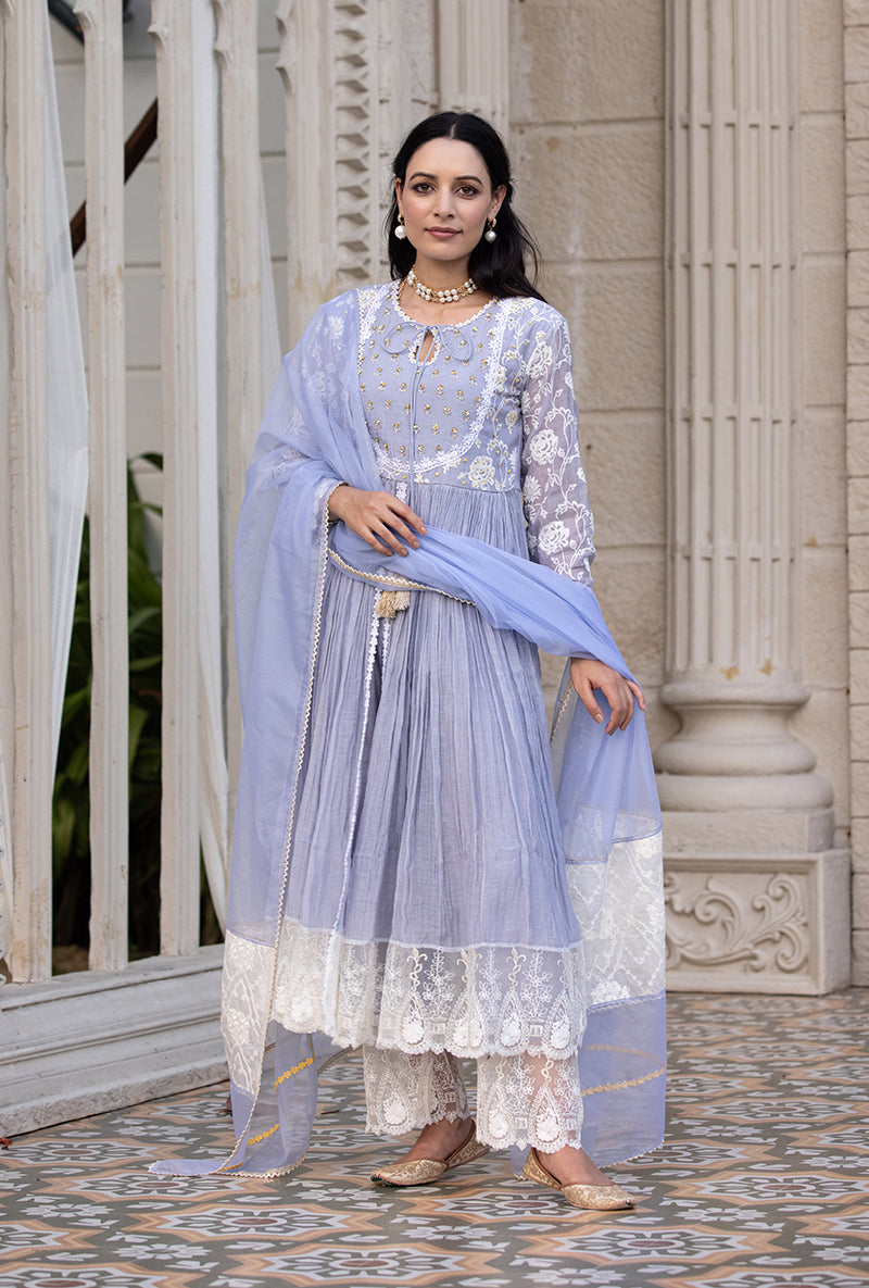 Lavender Thread And Pearl Yoke Kurta Set