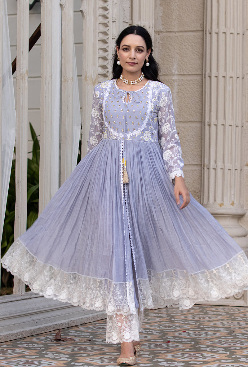 Lavender Thread And Pearl Yoke Kurta Set