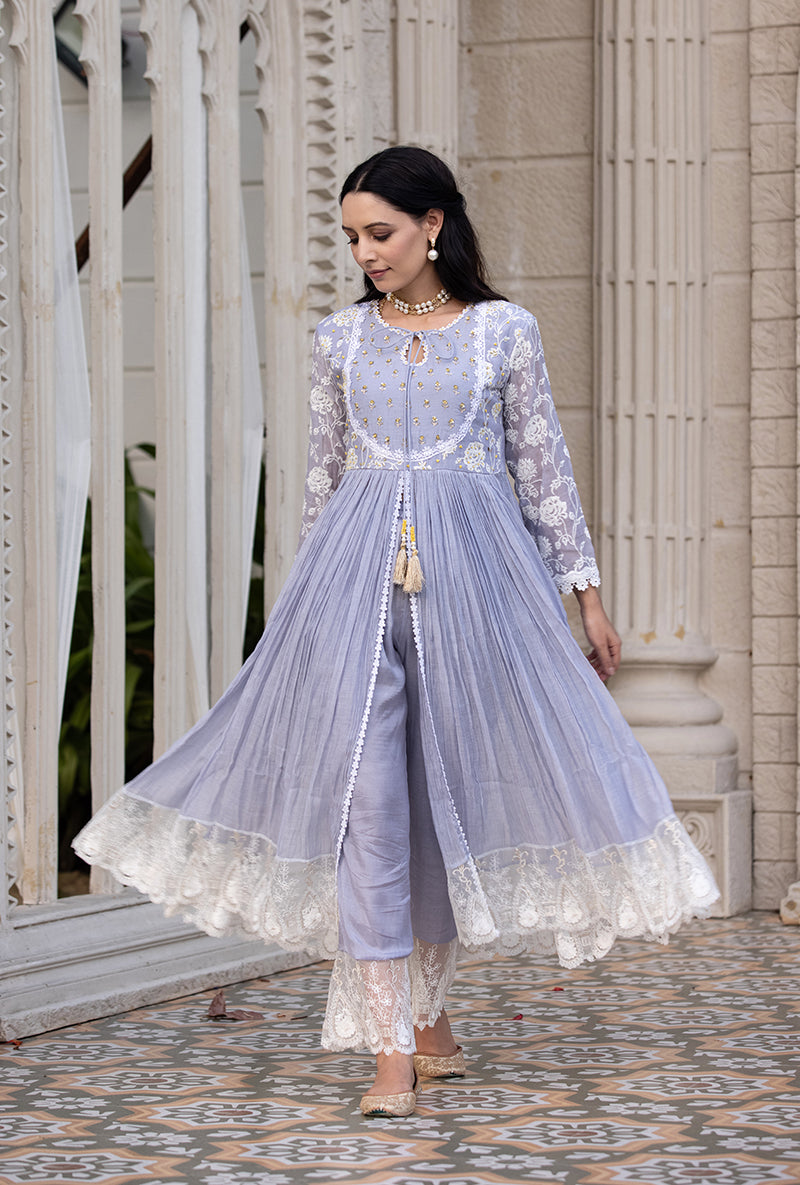 Lavender Thread And Pearl Yoke Kurta Set