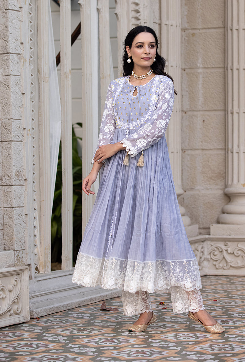 Lavender Thread And Pearl Yoke Kurta Set