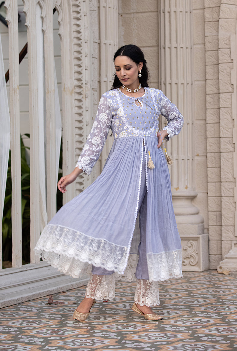 Lavender Thread And Pearl Yoke Kurta Set