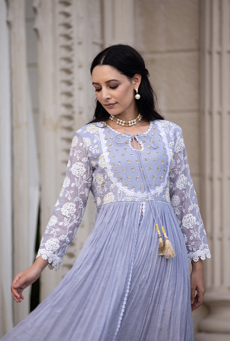 Lavender Thread And Pearl Yoke Kurta Set