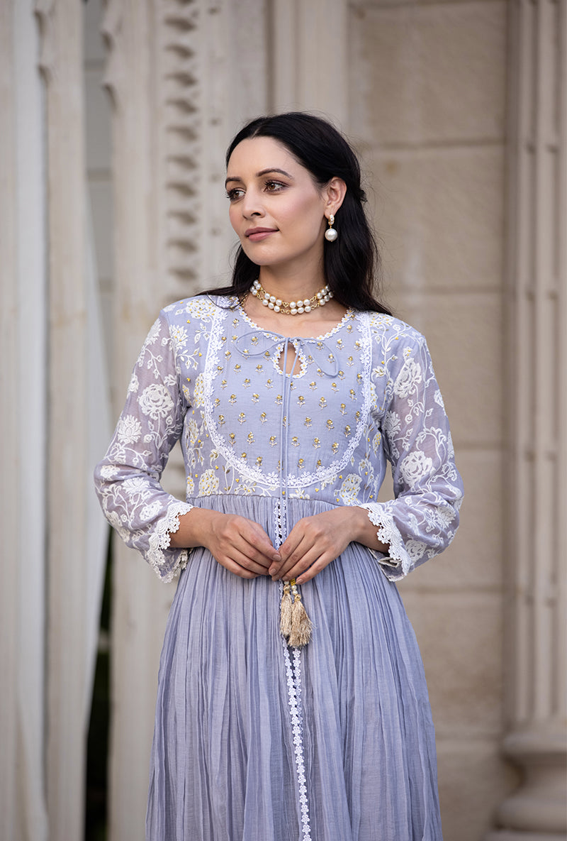 Lavender Thread And Pearl Yoke Kurta Set