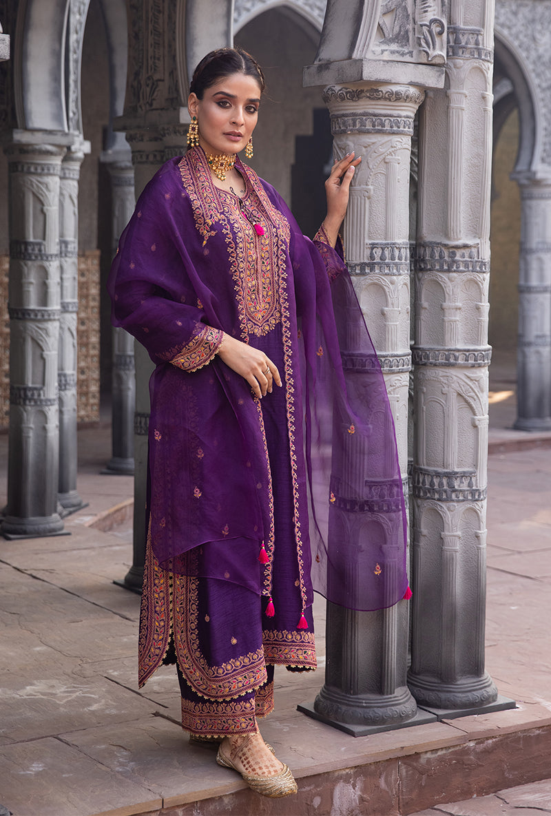 Purple Heavy Marodi Long Ulfat Kurta Set