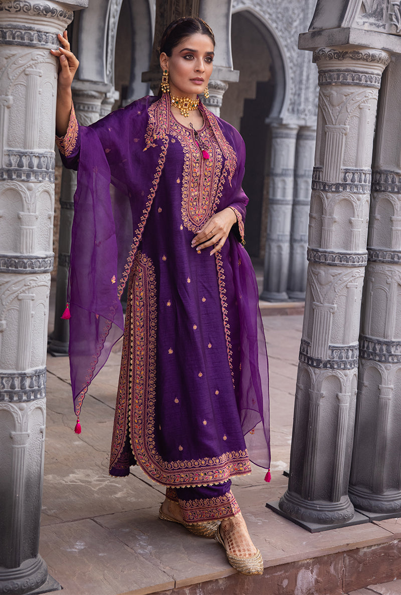 Purple Heavy Marodi Long Ulfat Kurta Set